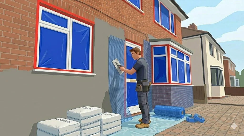 A man working on house exterior insulation or siding, with construction materials and tools around him.