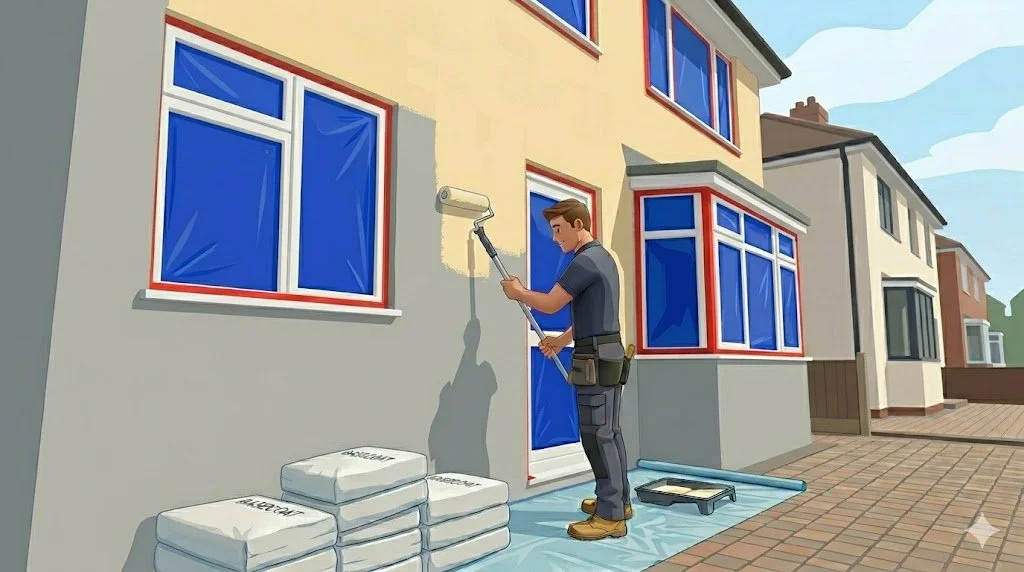 A person painting the exterior wall of a house using a roller brush, standing on a plastic sheet with paint buckets nearby.