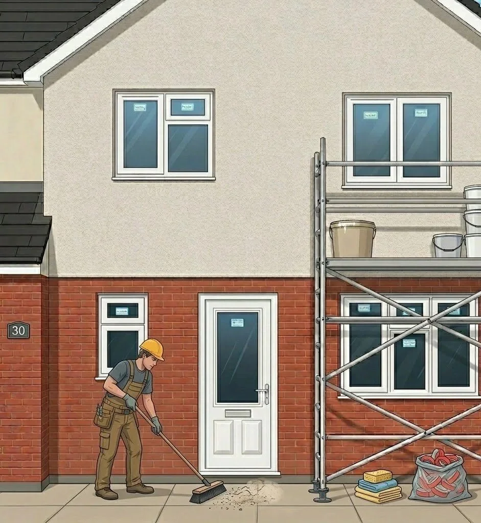 A construction worker sweeping dirt outside a house with scaffolding on the right side. The house has a brick lower level and a beige upper level. There are several windows and a door, with some buckets and cleaning supplies on the scaffolding platform.