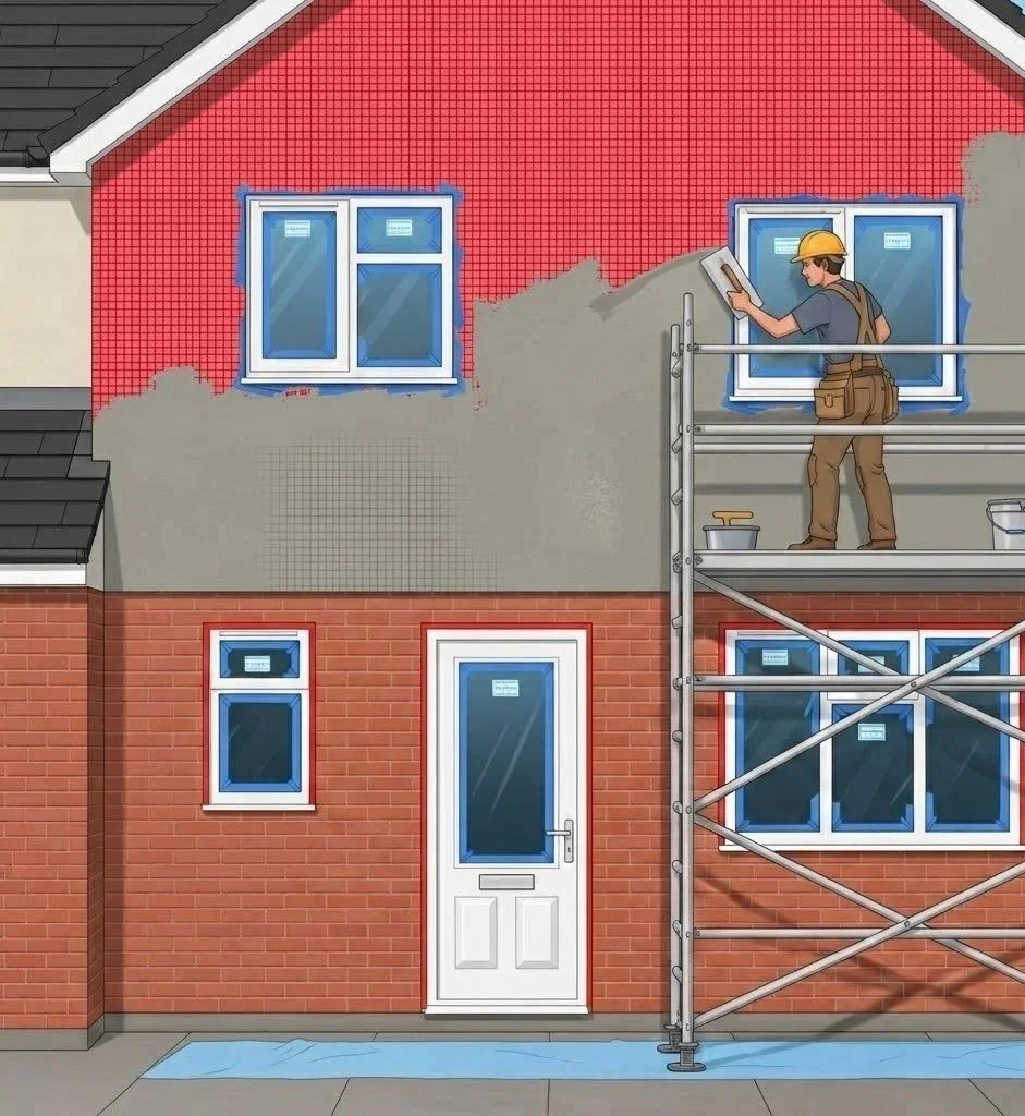 A construction worker standing on scaffolding installing or inspecting a new window on the upper floor of a house. The house has a red brick facade, and part of the wall is being prepared for painting or renovation.