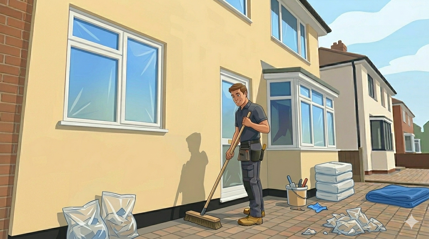 A man cleaning the exterior wall of a house with a broom outside on a sunny day.