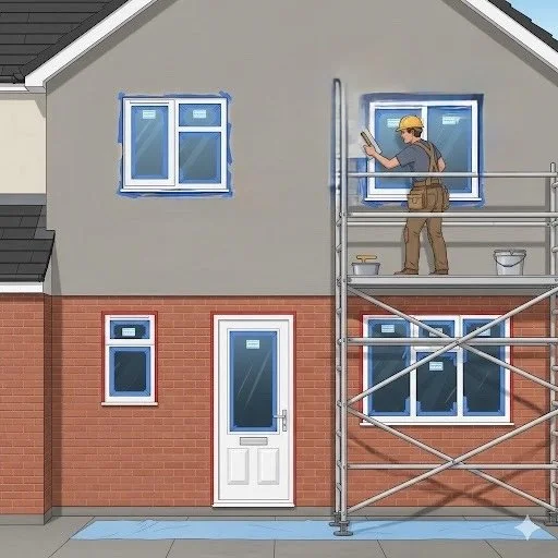 A construction worker on scaffolding installing or repairing a window on a two-story house with gray and red brick exterior.