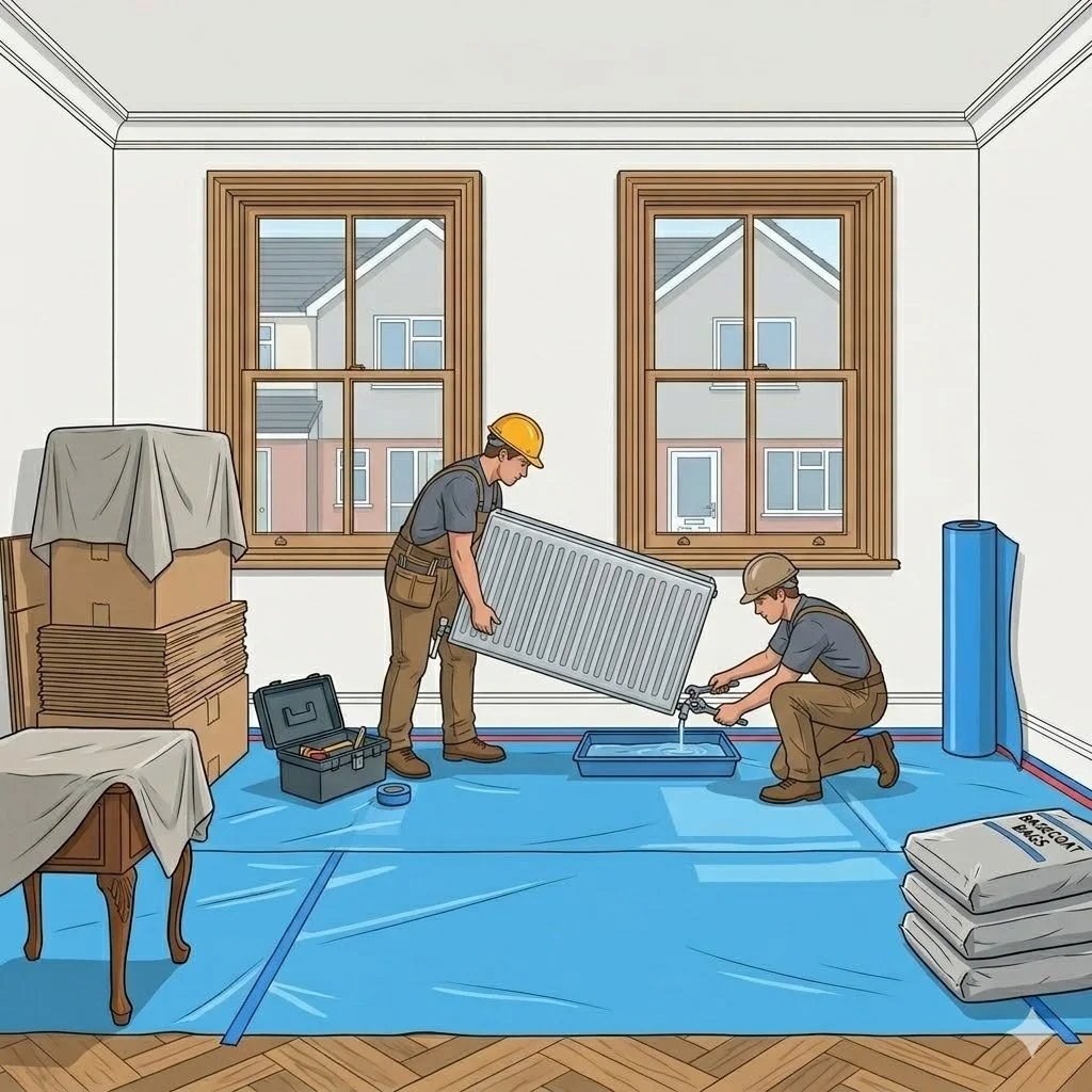 Two workers installing a radiator in a room with wooden framing around the windows. The workers are wearing helmets, and one is holding the radiator while the other connects it to a water source. The room has various tools, boxes, and supplies, and the floor is covered with a protective blue sheet.
