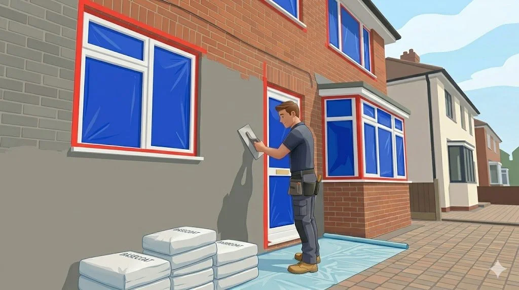 A worker installing or repairing a window and door frame on the exterior of a brick house.