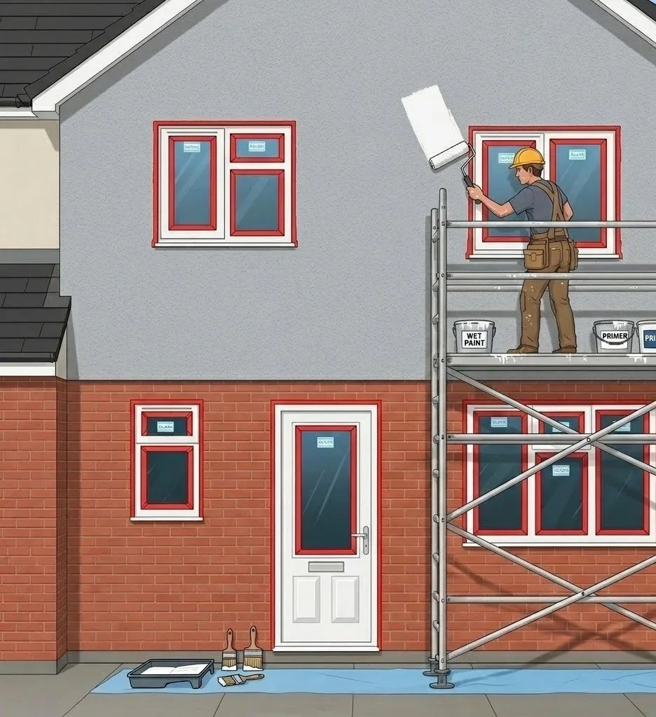 A construction worker painting window frames with white paint on a house that is being renovated; scaffolding with buckets of primer, paint, and primer on it; two brushes and a paint tray on the ground.