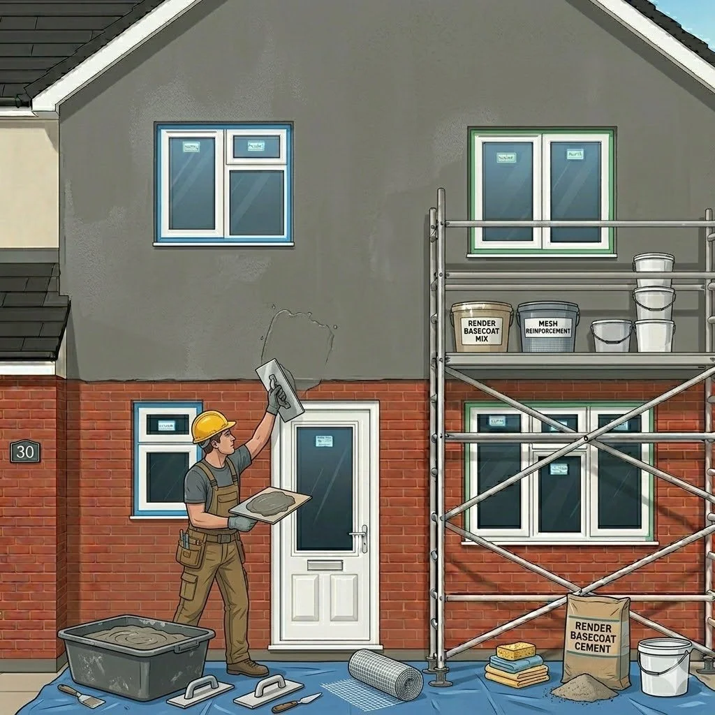 A construction worker applying a cement render to a house wall using a trowel and float. The house features a brick lower section and a gray upper section. There are scaffolding, buckets labeled for render mix and mesh reinforcement, and other construction tools and materials around.