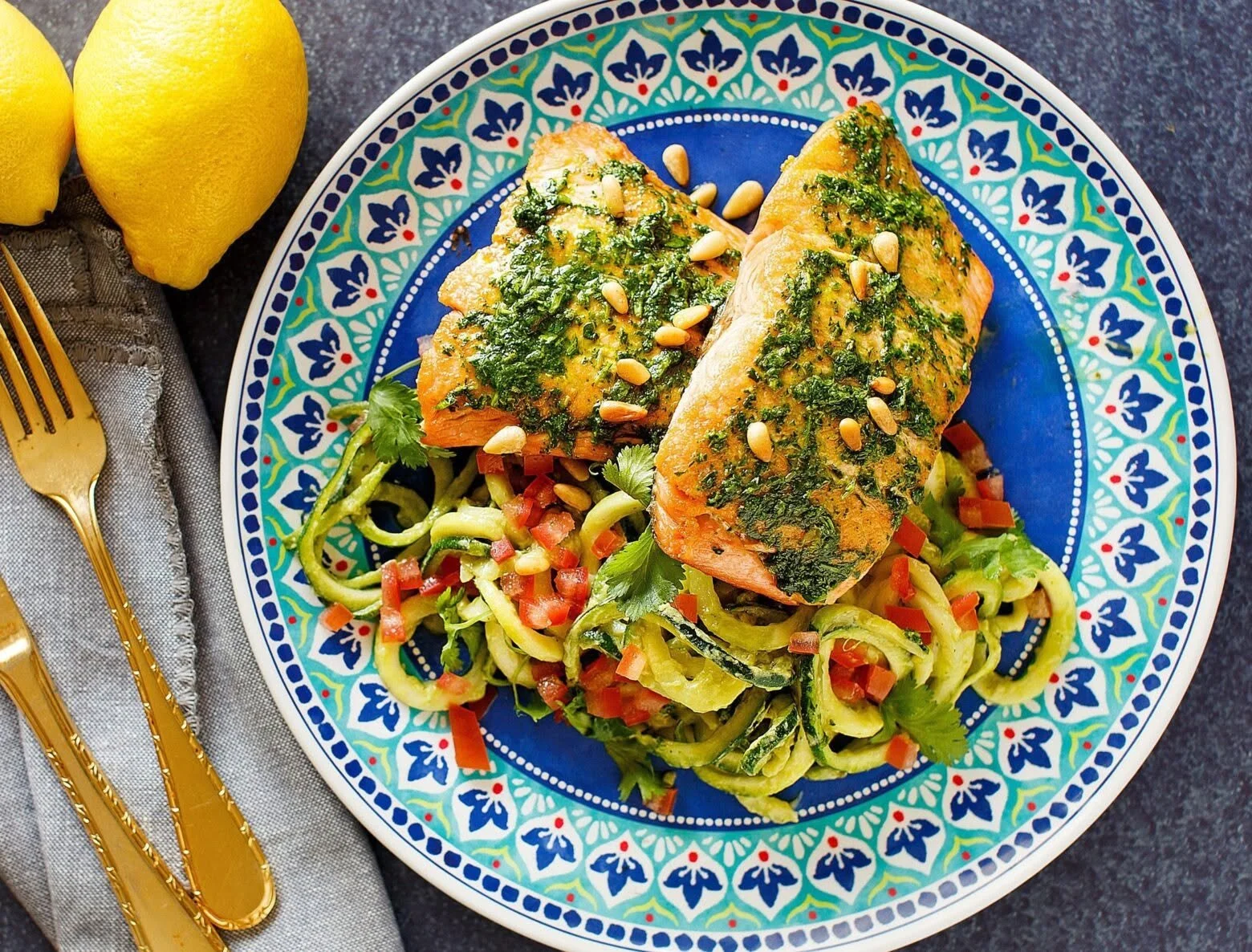 Salmon with Cilantro Sauce and Creamy Zoodles