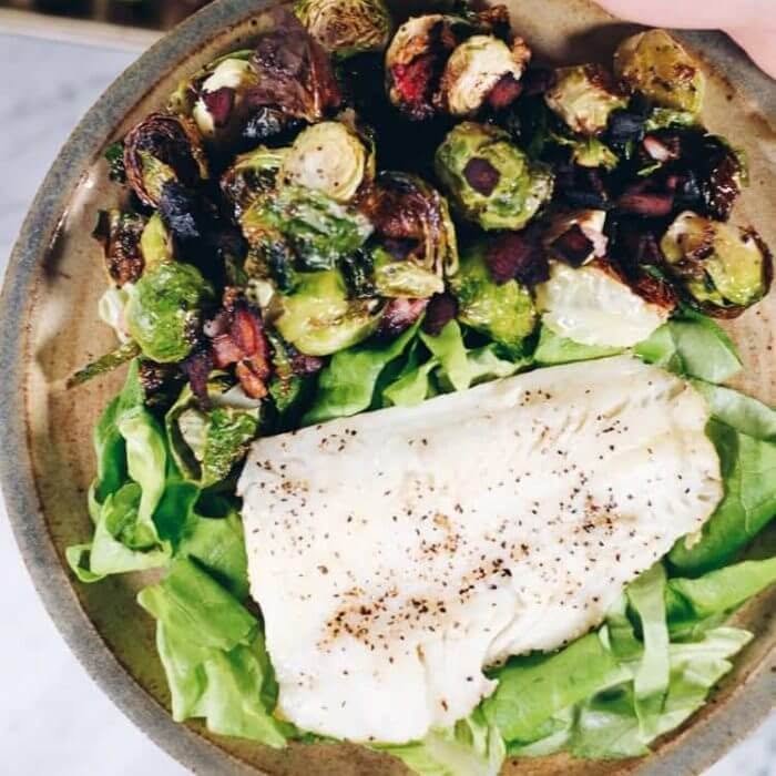 Pan Seared Cod with Garlicky Brussel Sprouts