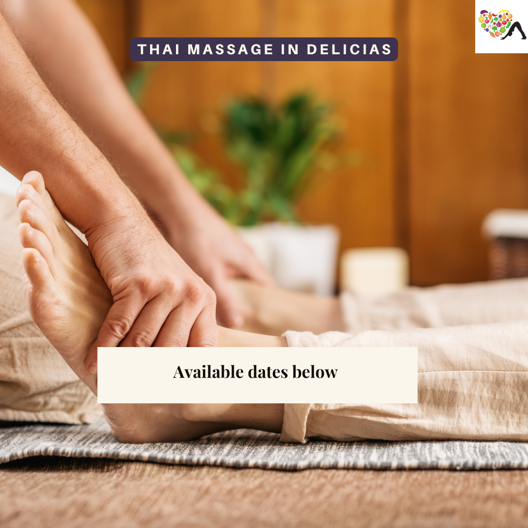 Hands performing Thai massage on a person's foot in a spa setting, with text overlay about Thai massage in Delicias and available dates.