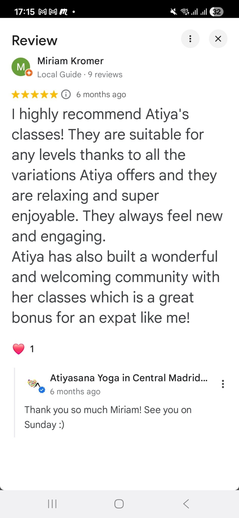 Screenshot of a review on a mobile device for Atiya's classes, praising the classes and the community, with a reply thanking Miriam.