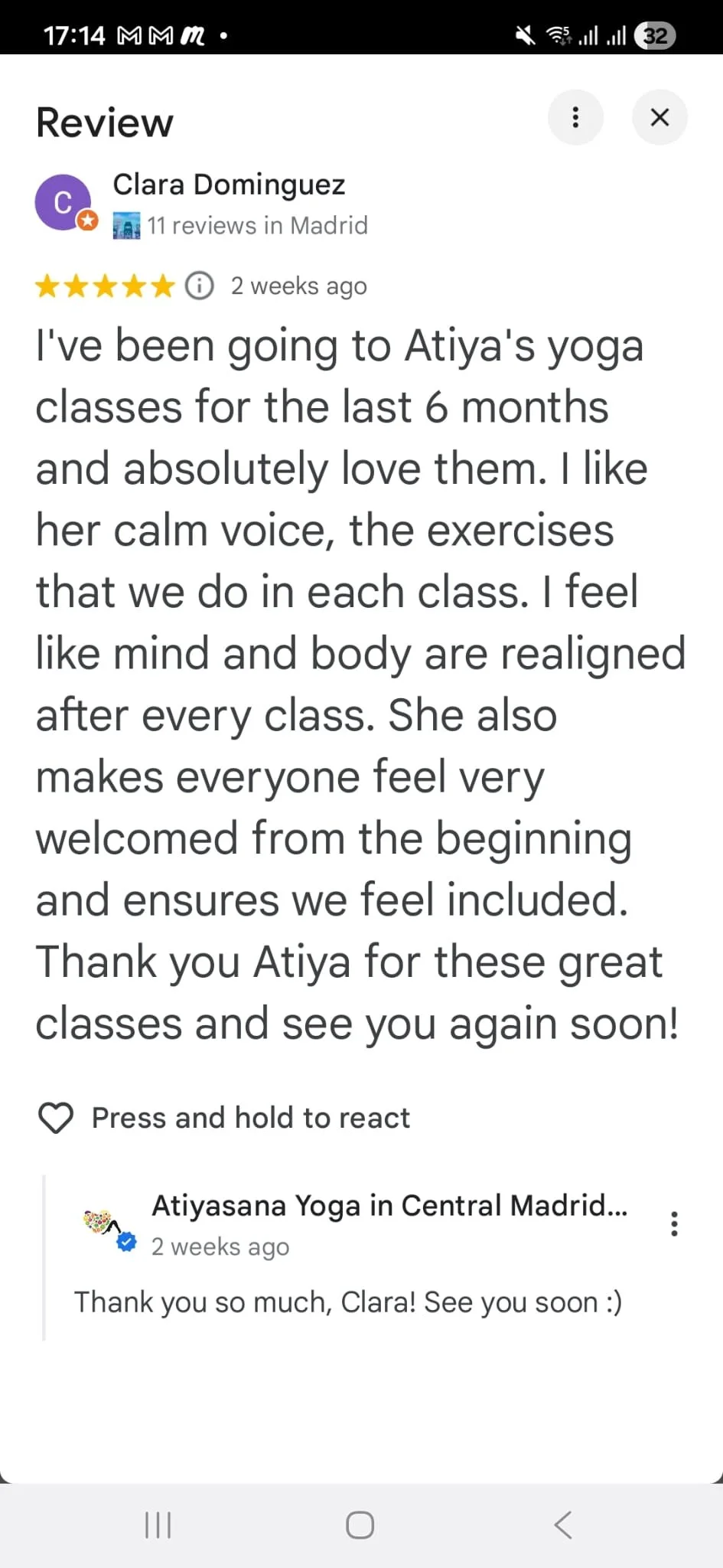Screenshot of a Google review for Atiya's yoga classes in Madrid, written by Clara Dominguez, praising the classes and instructor, with a reply from the yoga studio.