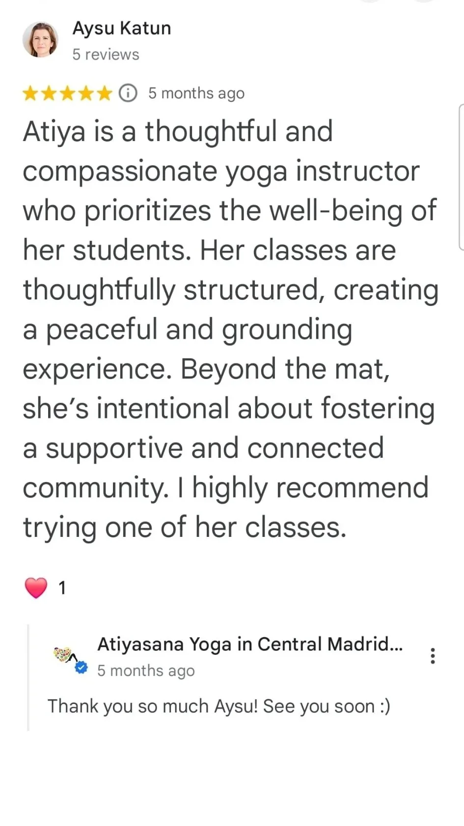 Screenshot of a Google review from Aysu Katun, five stars, about Atiya, a yoga instructor. The review praises Atiya's thoughtful and compassionate teaching style, her focus on well-being, structured classes, and fostering a supportive community. The instructor responds with a thank you message.