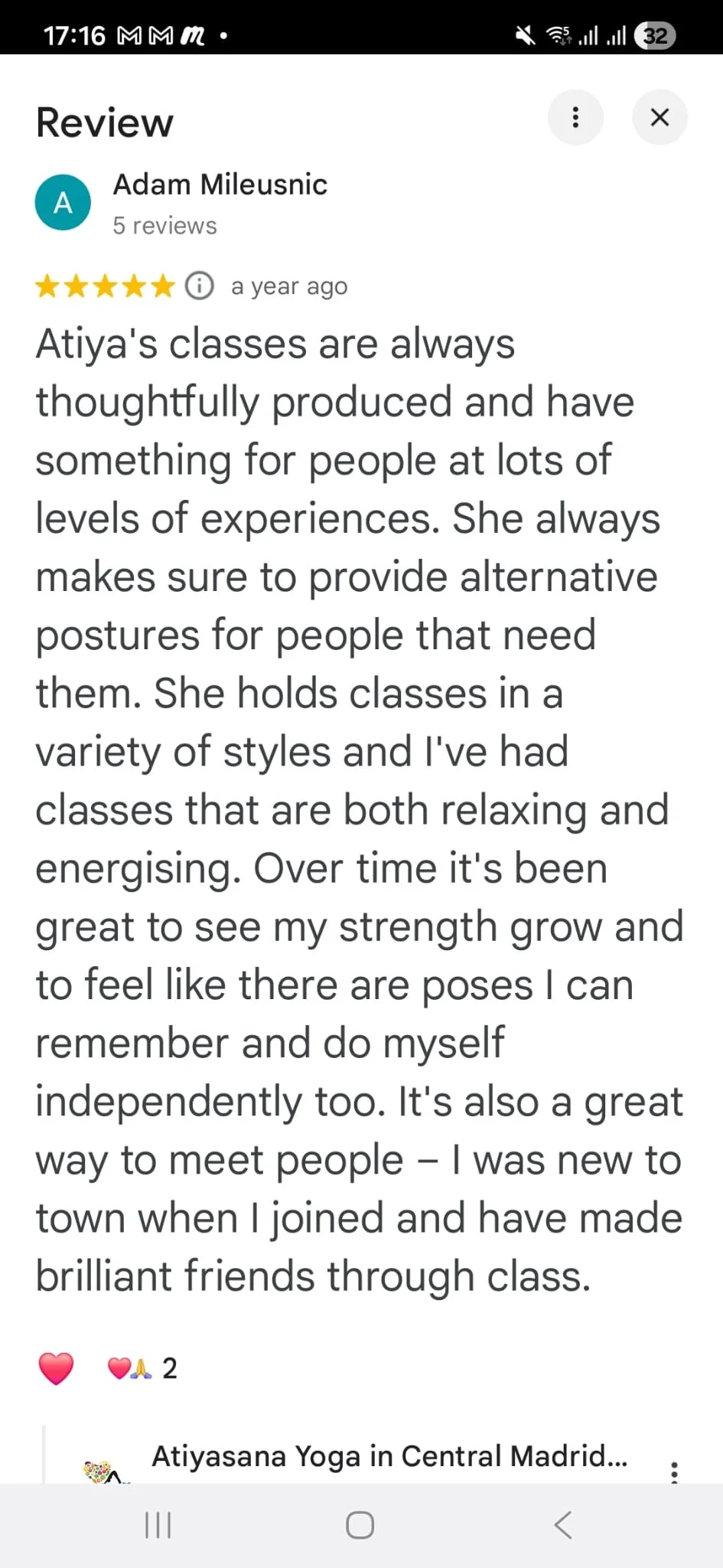 Screenshot of a Google review for Atiya's yoga classes, praising the classes for their thoughtful production, variety of styles, and positive impact on strength and independence.