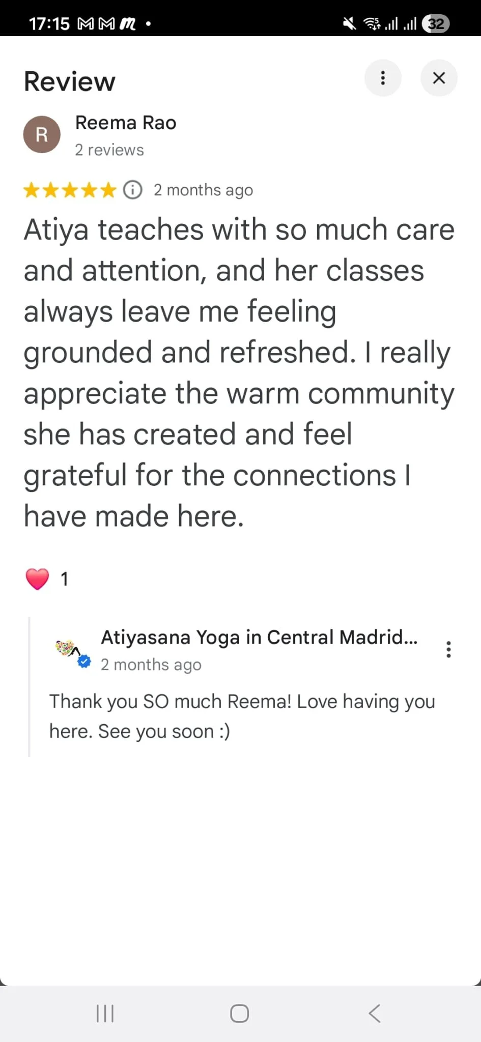 Screenshot of a mobile app showing a positive review for Atiya Yoga in Central Madrid, praising Atiya for her caring teaching style. The review is written by Reema Rao, with a reply from Atiya. The interface includes review details, ratings, and user interactions.