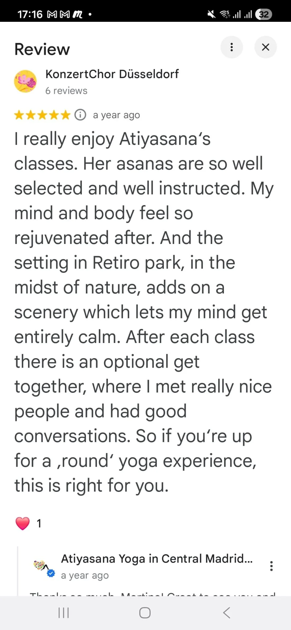 Screenshot of a Google reviews page for Atiyasana Yoga in Central Madrid, featuring a 5-star review praising their yoga classes and the peaceful outdoor setting in Retiro Park.