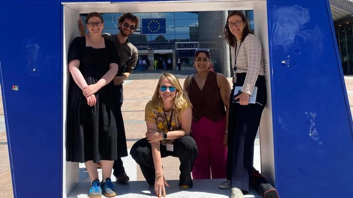 Nuala, Daniel, Aurelia, Sabrina and Aoife in front of the European Parliament.