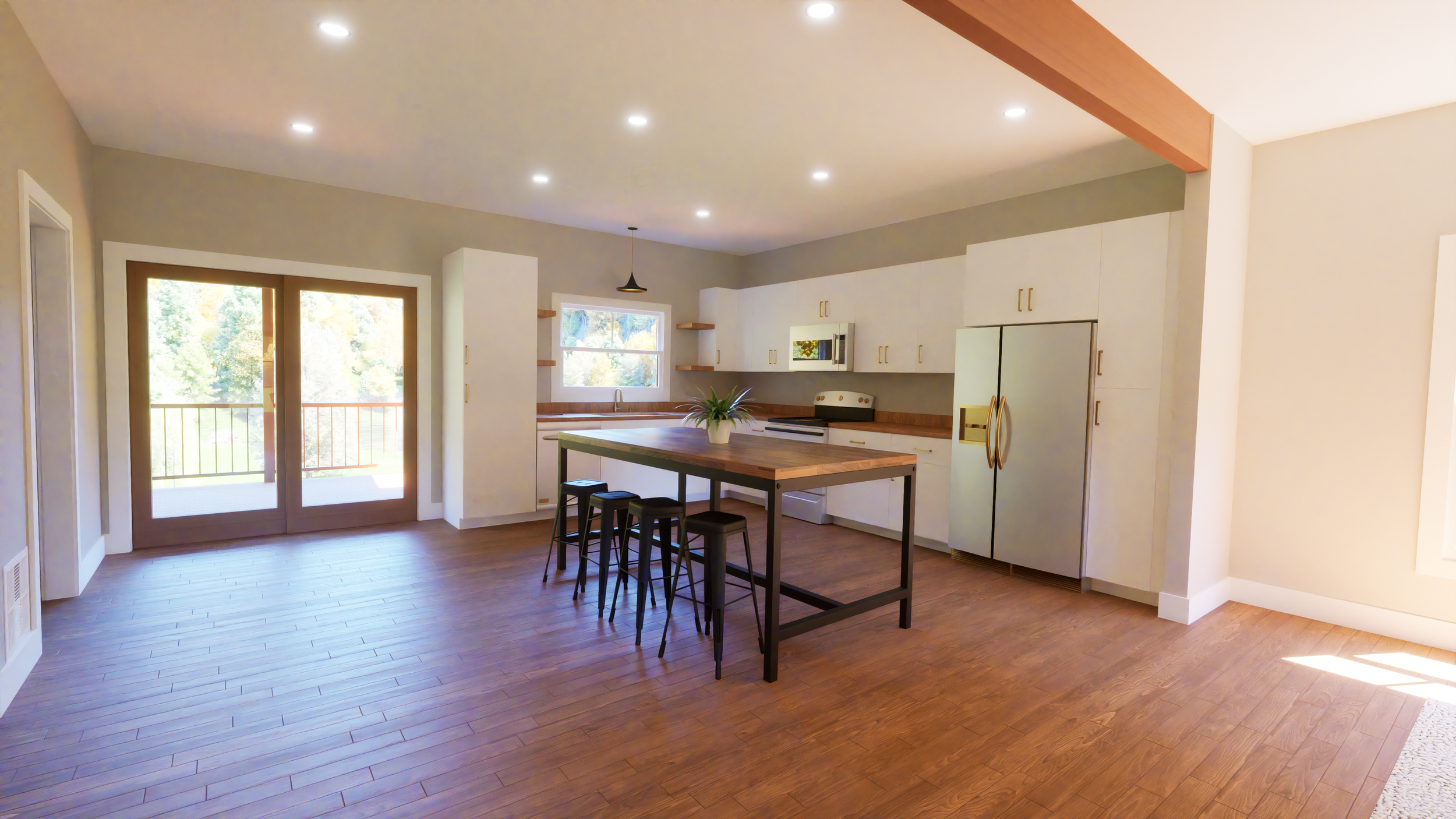 Interior of a cabin with light walls and wood accents