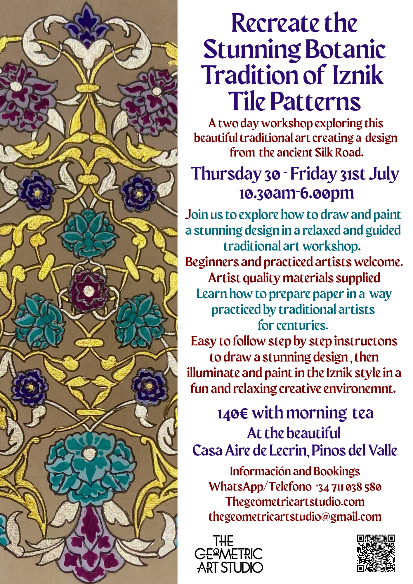 Flyer for a two-day workshop on recreating traditional Iznik tile patterns, featuring a decorative floral tile design, with event details in purple, red, teal, and black text, and a QR code in the bottom right corner.