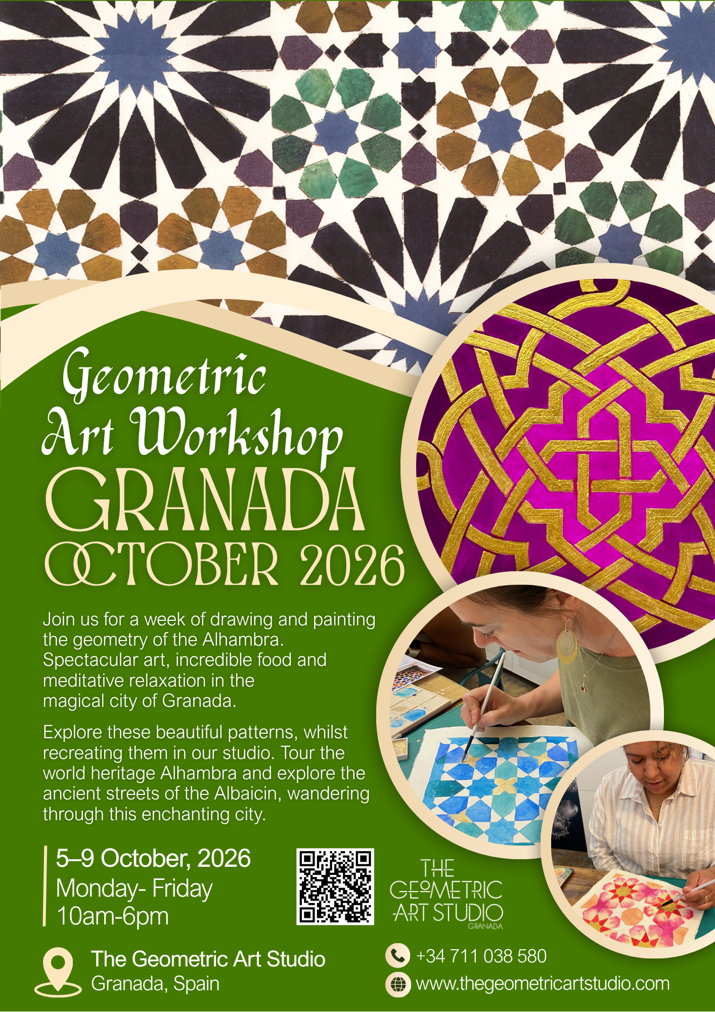 Flyer for a geometric art workshop in Granada, Spain, October 2026, featuring images of people painting and colorful geometric tile patterns.