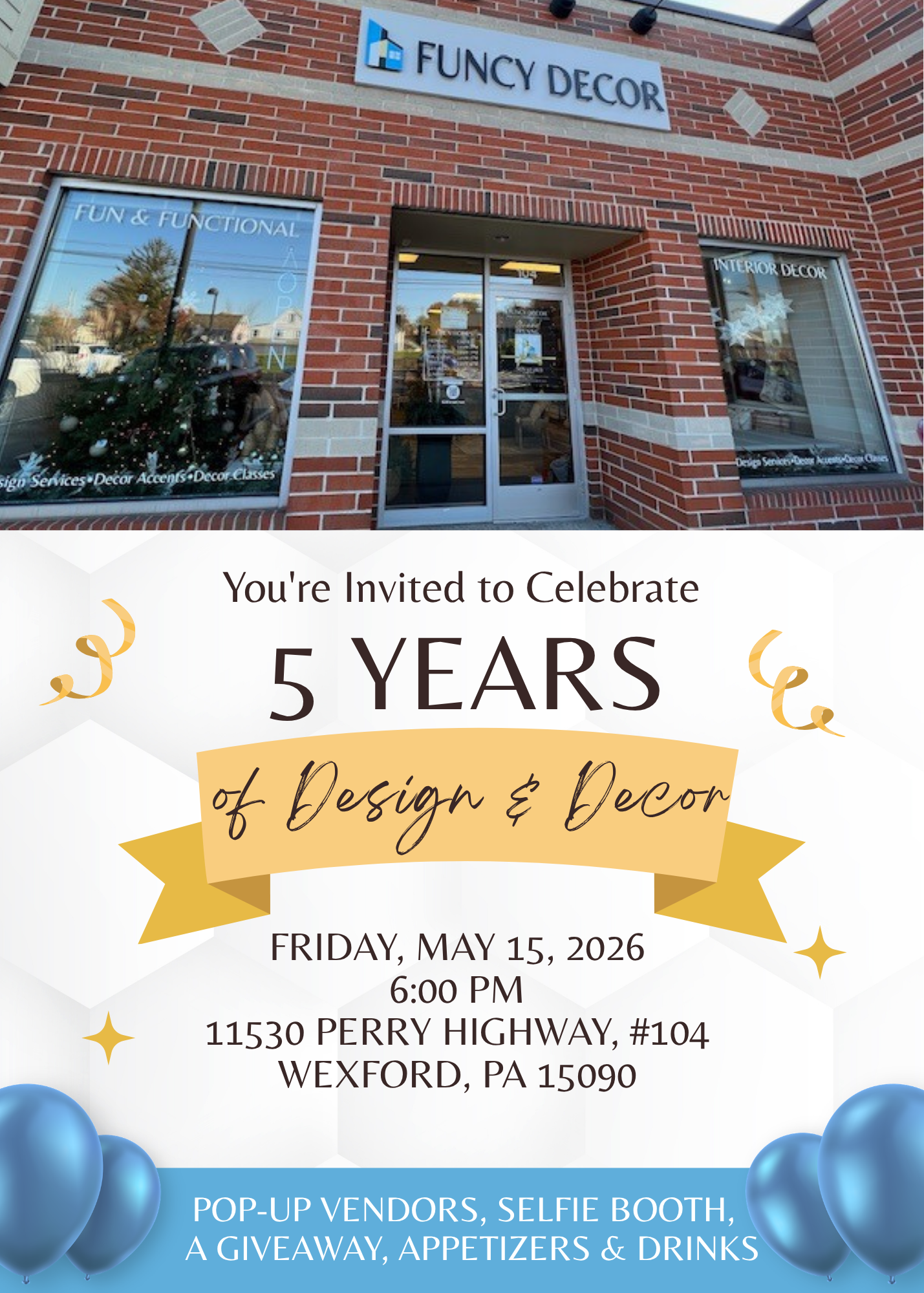 Invitation to celebrate five years of design and decor at FUNCY DECOR