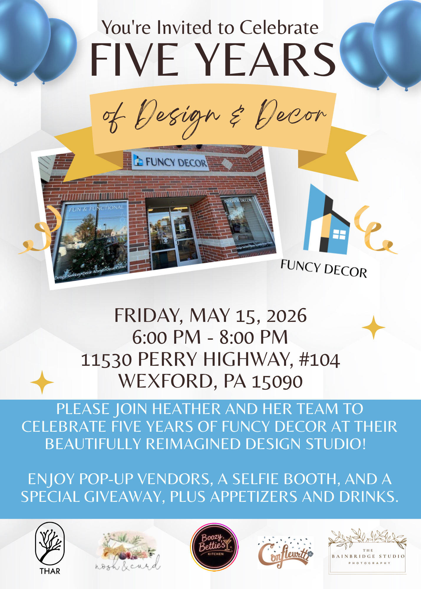 Invitation flyer for a celebration of five years of Funcy Decor, featuring event date, time, location, a photo of Funcy Decor storefront, and logos of associated vendors.