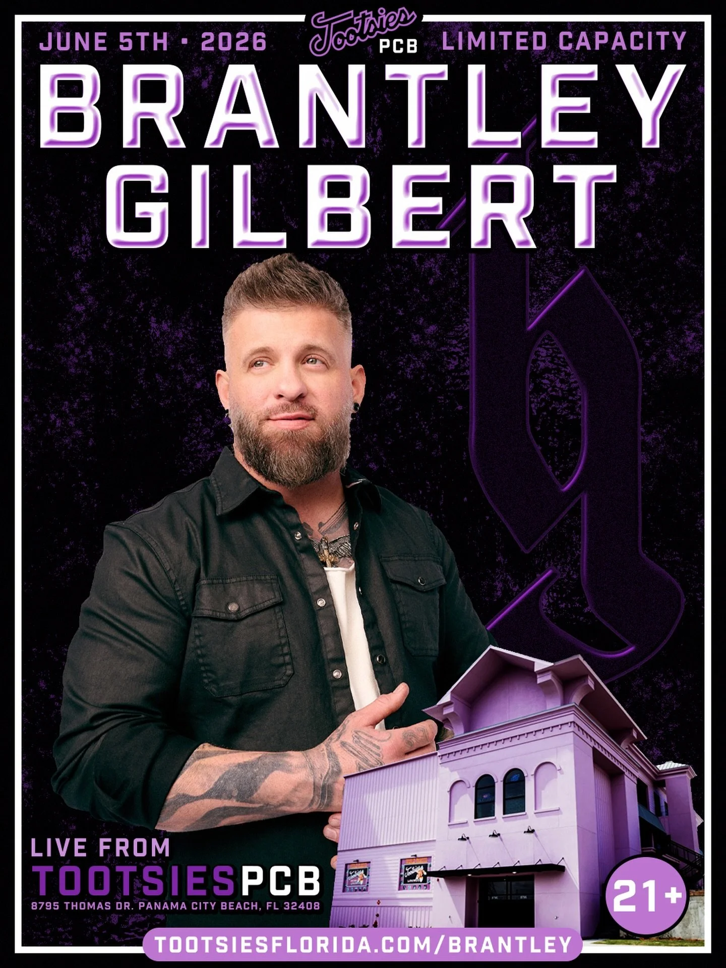 From Nashville to the beach. 🌴🔥
@tootsiespcb @tootsies_orchid_lounge @tootsiesvip @brantleygilbert 

Brantley Gilbert takes over Tootsies PCB on June 5th for a limited capacity show you don't wanna miss! 

🎟️Tickets on sale now✨🤠
Tootsiesflorida.