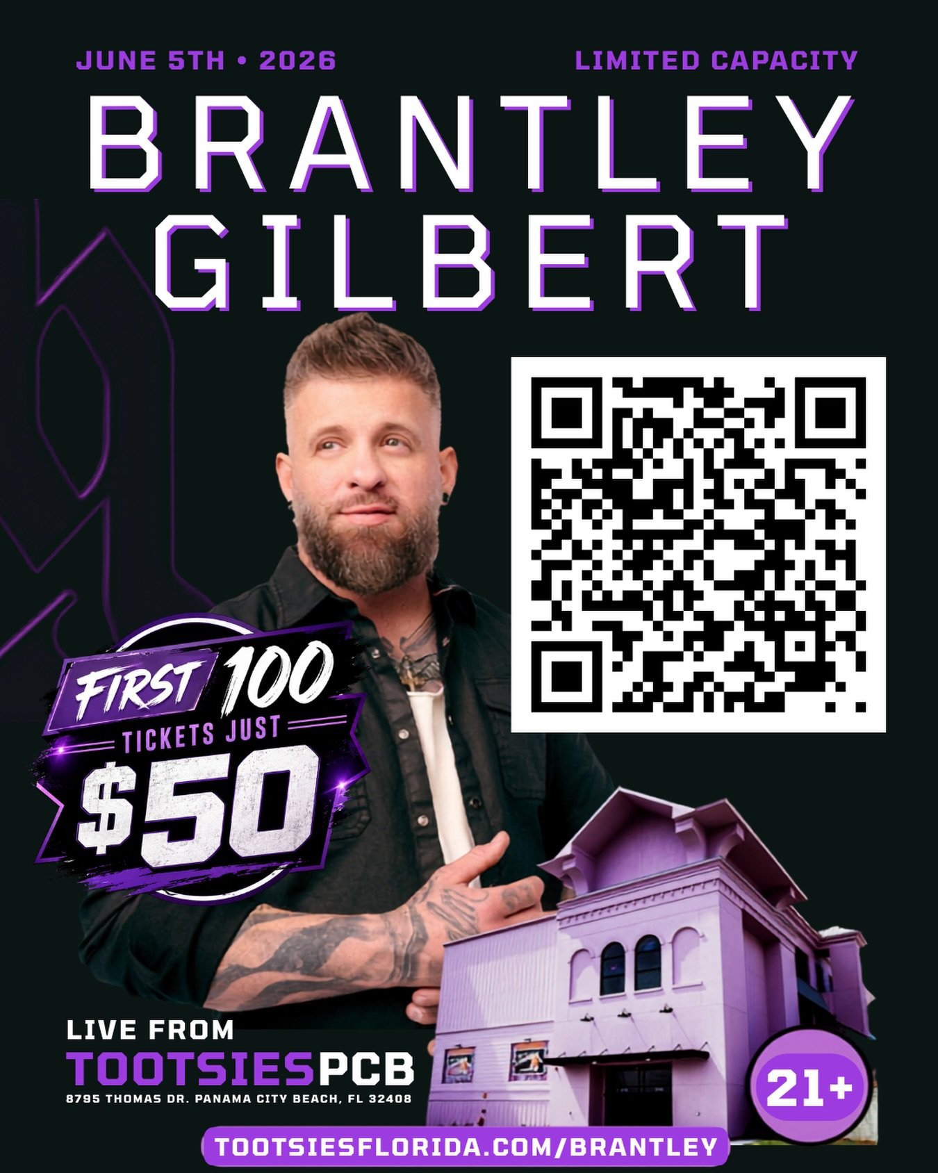 PCB has shown us so much love, so here&rsquo;s a little love back. 💜 @tootsiespcb @brantleygilbert 

LIMITED TIME OFFER 
The first 100 tickets are just $50. (not guaranteed a table)
✨Brantley Gilbert live tonight at Tootsies PCB.✨