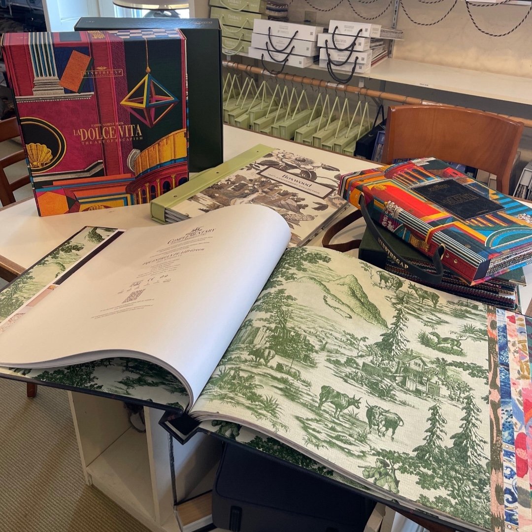 Looking for ideas for your next project? Stop by our showroom, open 9:00 - 5:00 Monday - Friday, plus evenings and weekends by appointment. You'll find a huge array of sample fabrics, wallcoverings, and more &mdash; sure to delight and inspire. You c