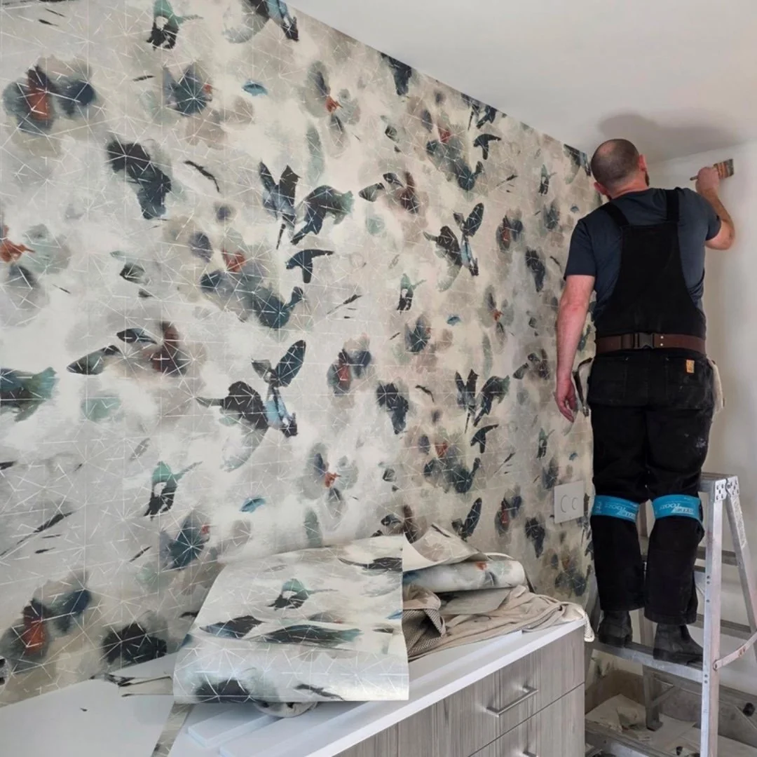 Wallpaper install days are our favorite! We love this modern abstract floral print from @romo_fabrics. If you're ready to make a statement in your space, stop by Union Place and browse our wall covering books in the showroom. We can help with design 