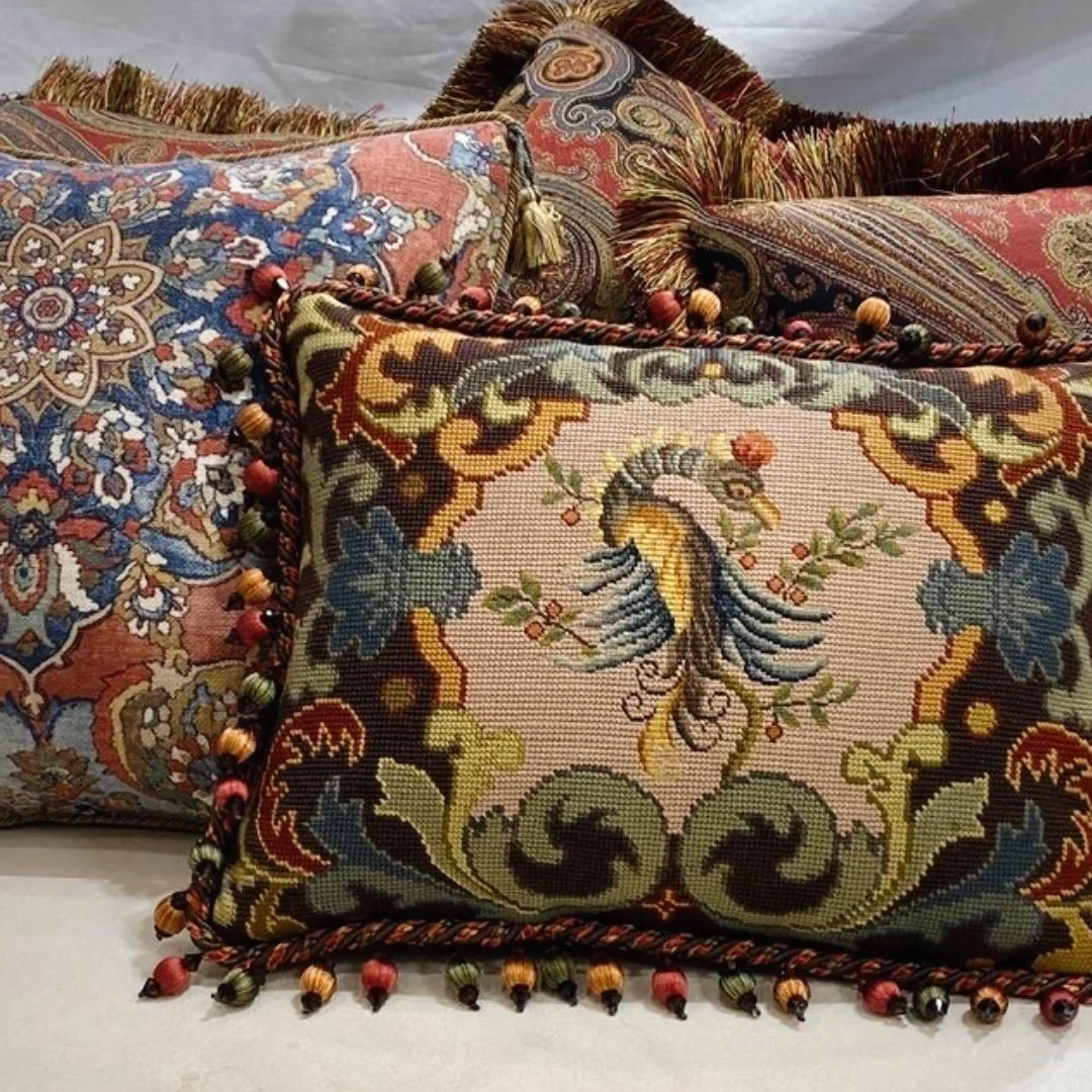 Pillow power! This custom collection of pillows, handcrafted in our Excelsior shop, is all ready for delivery. Pillows are an amazing way to add so much personality to a room, without the larger commitment to something like wall or window coverings. 
