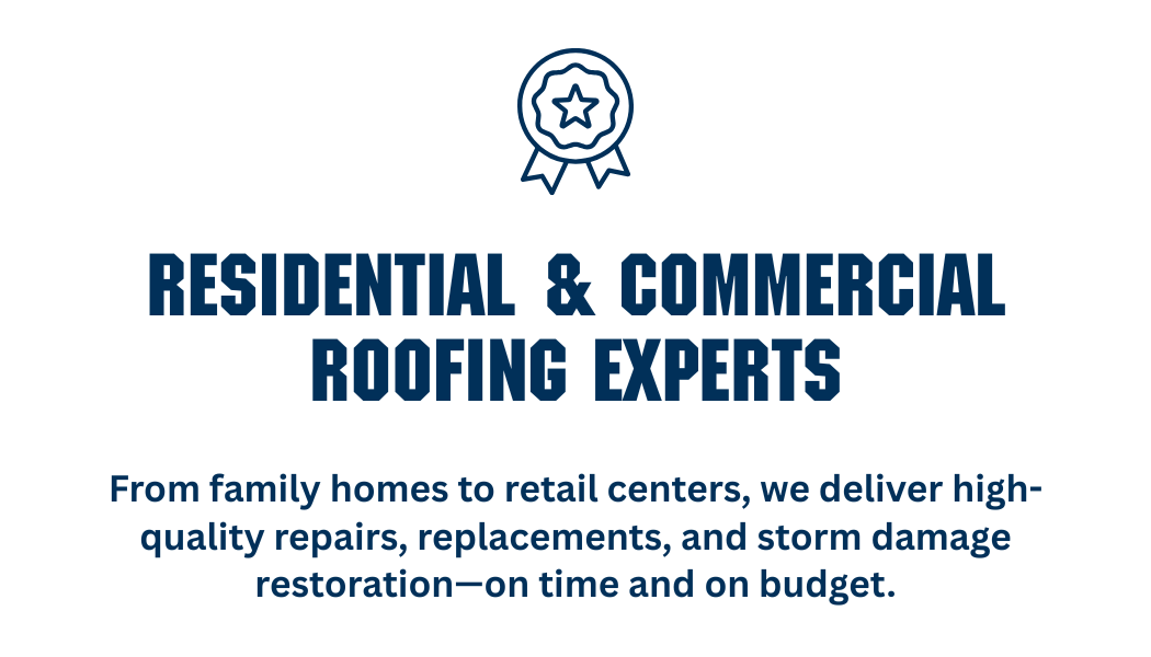 Graphic with a ribbon icon and bold text stating 'Residential & Commercial Roofing Experts', followed by a description about delivering high-quality repairs, replacements, and storm damage restoration for homes and retail centers.