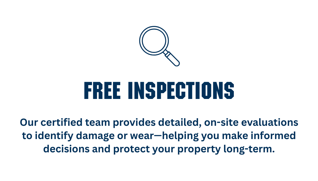 Magnifying glass icon above the bold text 'Free Inspections'. Below, a paragraph explaining that a certified team offers detailed, on-site evaluations to identify damage or wear, assisting in informed decisions to protect property long-term.