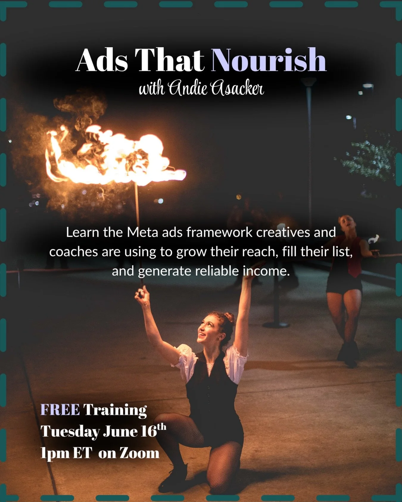 Is your spark of creativity asking to be fanned? Are you ready to pour fuel on your creative fire? 

Join me love next Tuesday June 16th at 1pm for my free training Ads That Nourish

I&rsquo;ll be teaching you the Meta ads system my clients use to gr