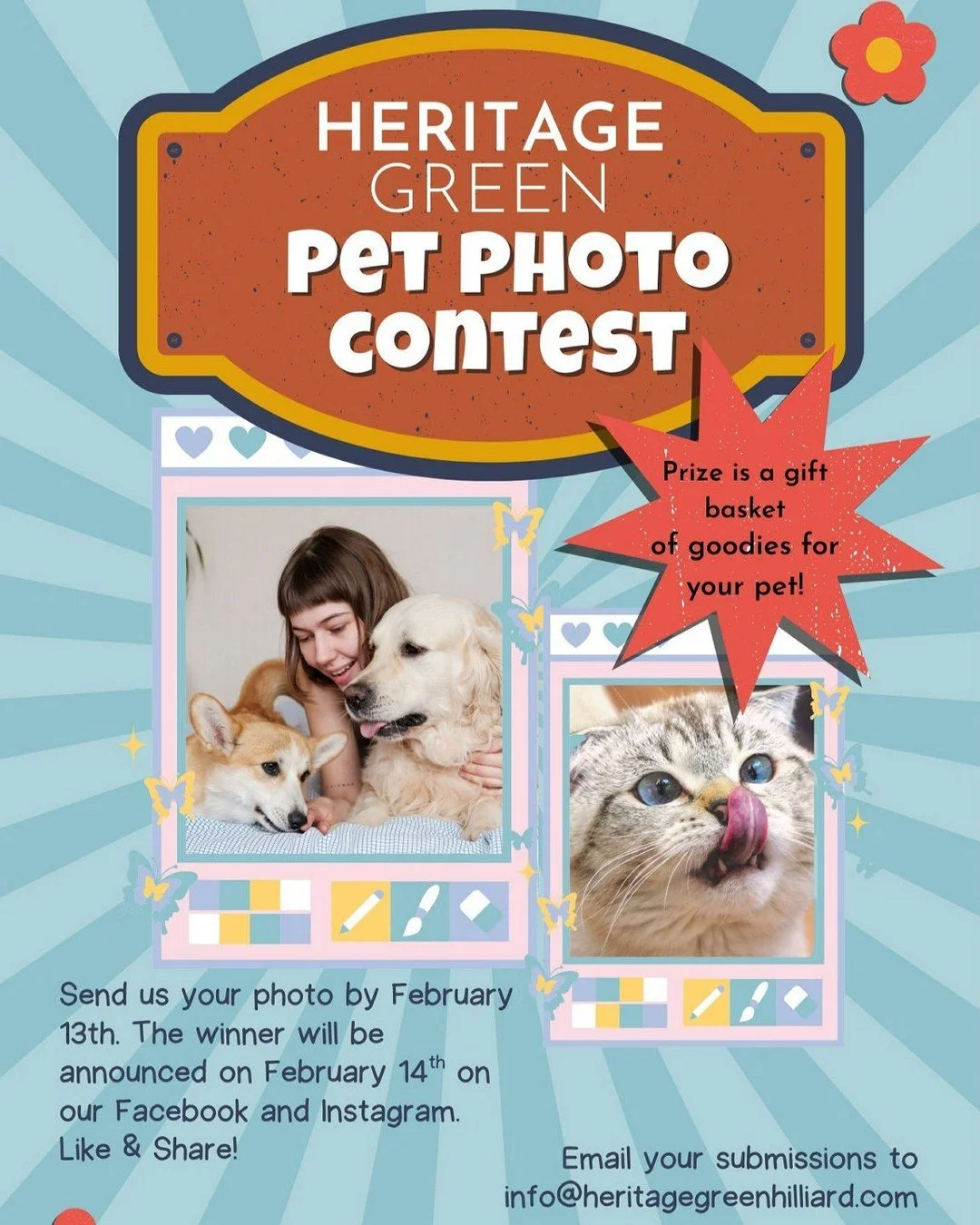 🐾 PET PHOTO CONTEST! 🐾We&rsquo;re excited to announce our Pet Photo Contest! Submit your cutest, funniest, or most adorable pet photos for a chance to win.📸 Send us your pet photos by February 13 to info@heritagegreennhilliard.com.🏆 The winner wi