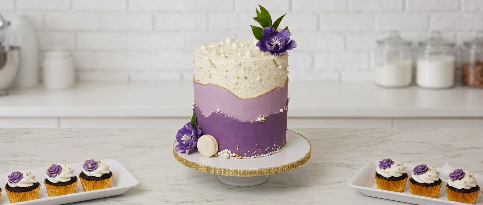 A tall, decorated cake with cream-colored icing on the top half, purple icing on the bottom half, and gold accents. The cake is topped with a purple flower and green leaves. Three cupcakes with white frosting and purple flowers are displayed on two white plates beside the cake.