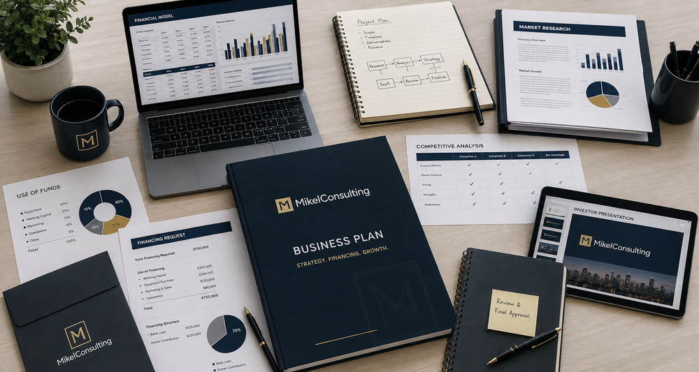 Mikel Consulting team workflow with financial modeling, market research, strategy, writing, and final business plan review
