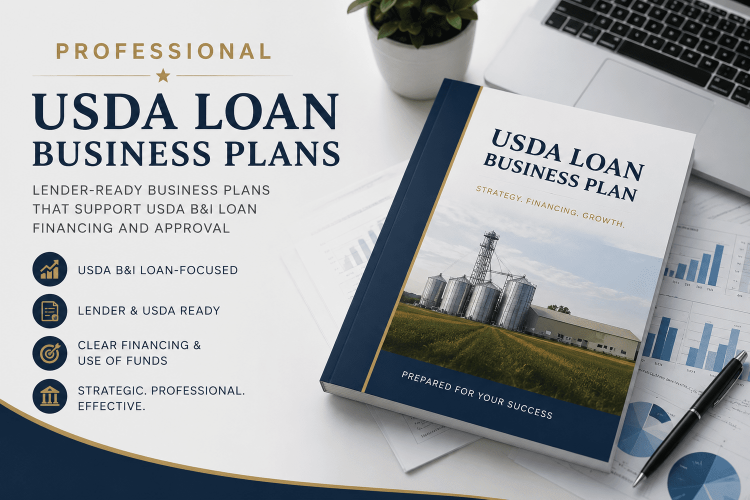 Sample USDA B&I business plan layout with financing request, use of funds, market analysis, and financial projections
