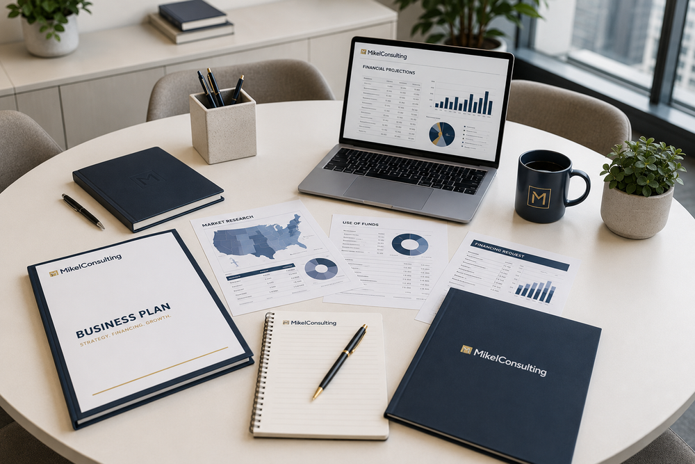 Mikel Consulting business planning process with financial projections, market research, financing analysis, and professional business plan materials