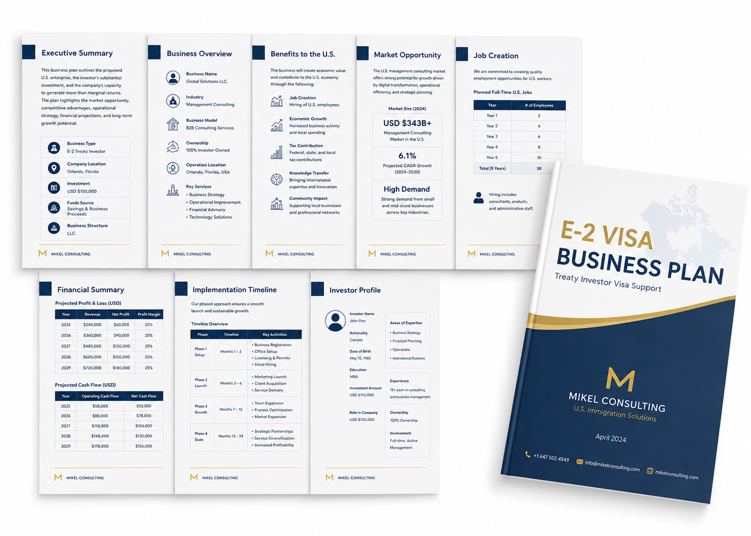 Sample E-2 visa business plan showing investment strategy, U.S. market analysis, operating plan, staffing strategy, and financial projections