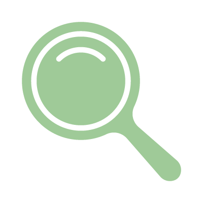 Green magnifying glass icon on a black background.