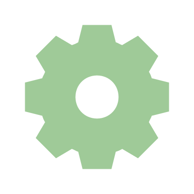 A green gear icon on a black background.