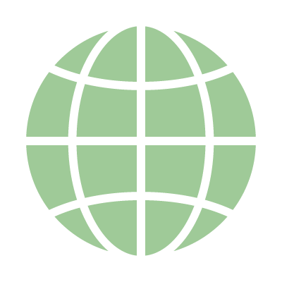 A stylized globe with a black outline and green landmasses on a black background.
