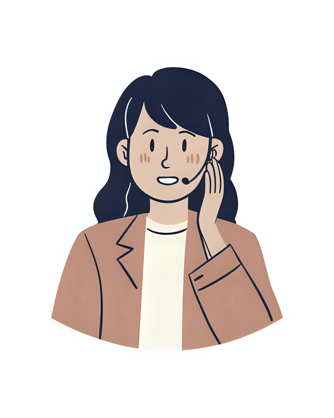 Illustration of a woman with dark hair wearing a headset, speaking.
