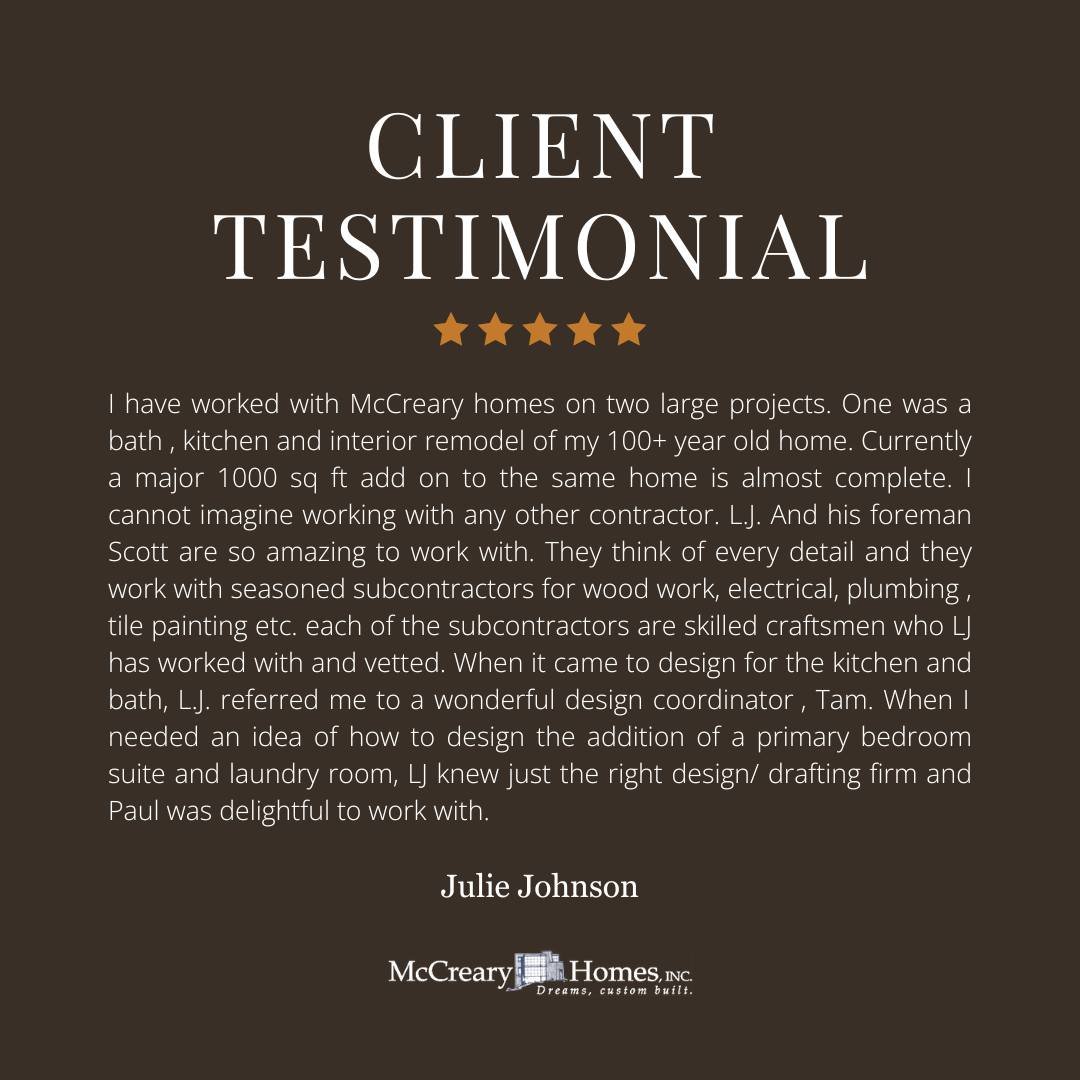 Another happy homeowner shares their McCreary Homes experience! Discover why our attention to detail and dedication to quality craftsmanship set us apart. 🌟

💻Visit the link in our bio for more information about our services
.
.
.
#mccrearycustomho