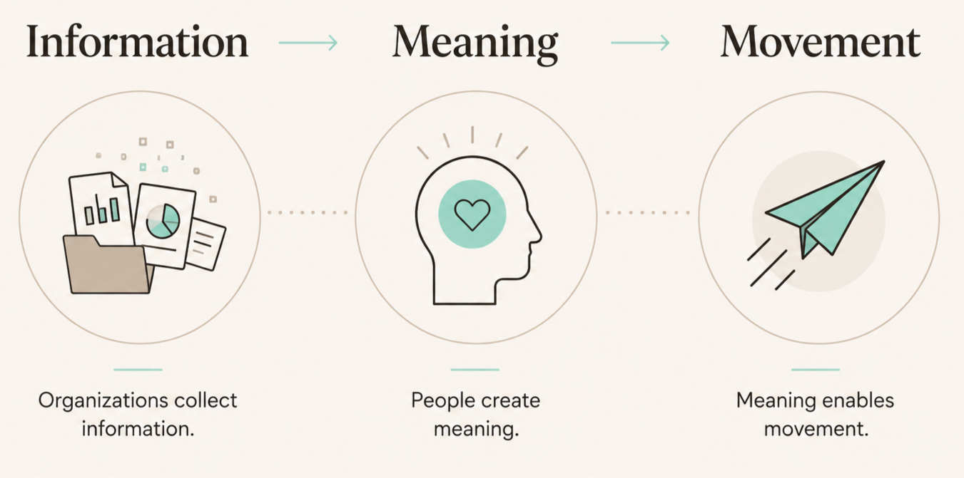 Flowchart illustrating the process of information, meaning, and movement, with icons of a file folder with documents, a human head with a heart, and a paper airplane, labeled with explanations of organizations collecting data, people creating meaning, and meaning enabling movement.