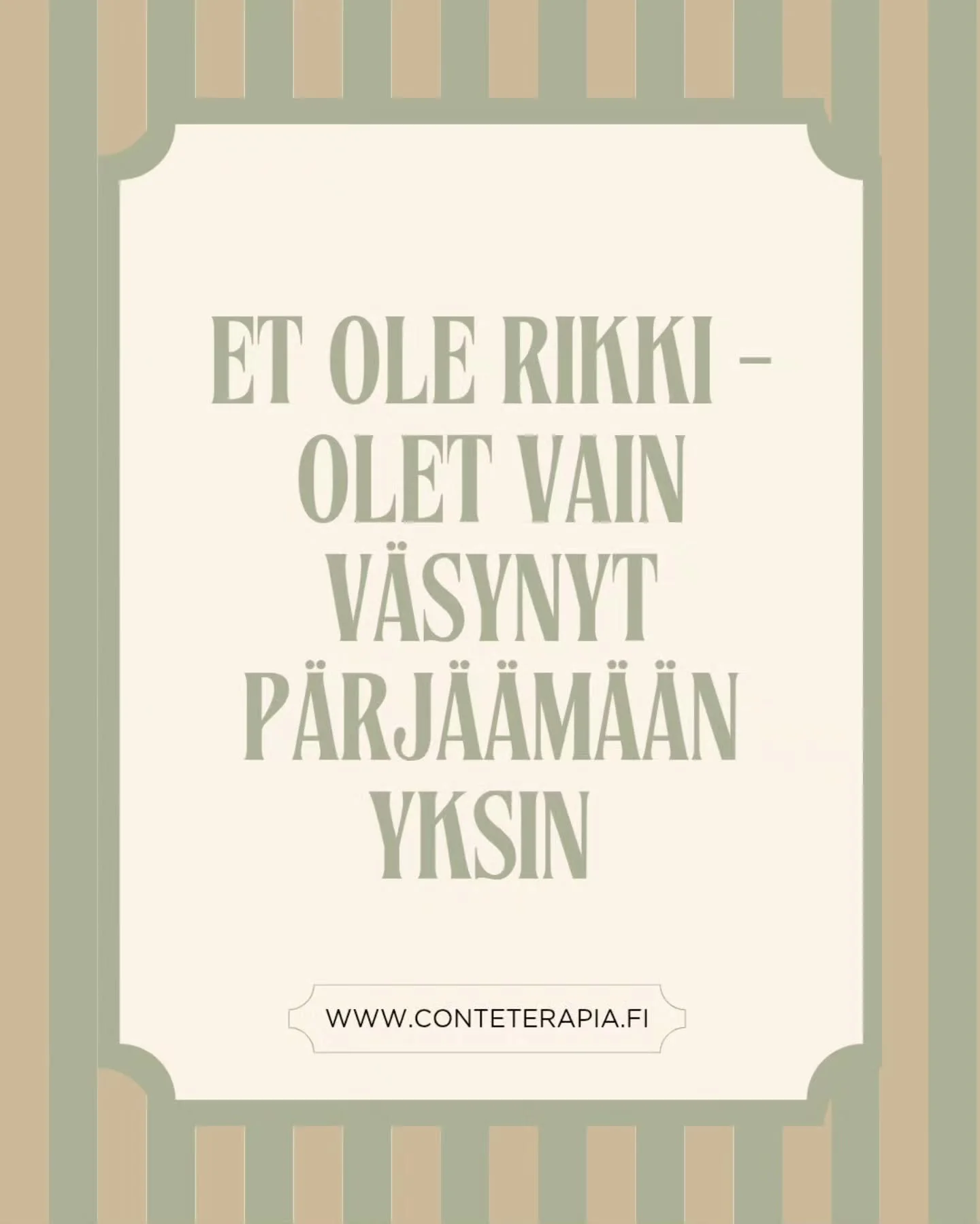 Et ole rikki &ndash; olet vain v&auml;synyt p&auml;rj&auml;&auml;m&auml;&auml;n yksin. 💚

Moni meist&auml; oppi jo kauan sitten, ett&auml;:
🤷 tunteista ei kannata tehd&auml; numeroa
🤷 apua pyyt&auml;m&auml;ll&auml; vaivaa muita
🤷 vahva ihminen se