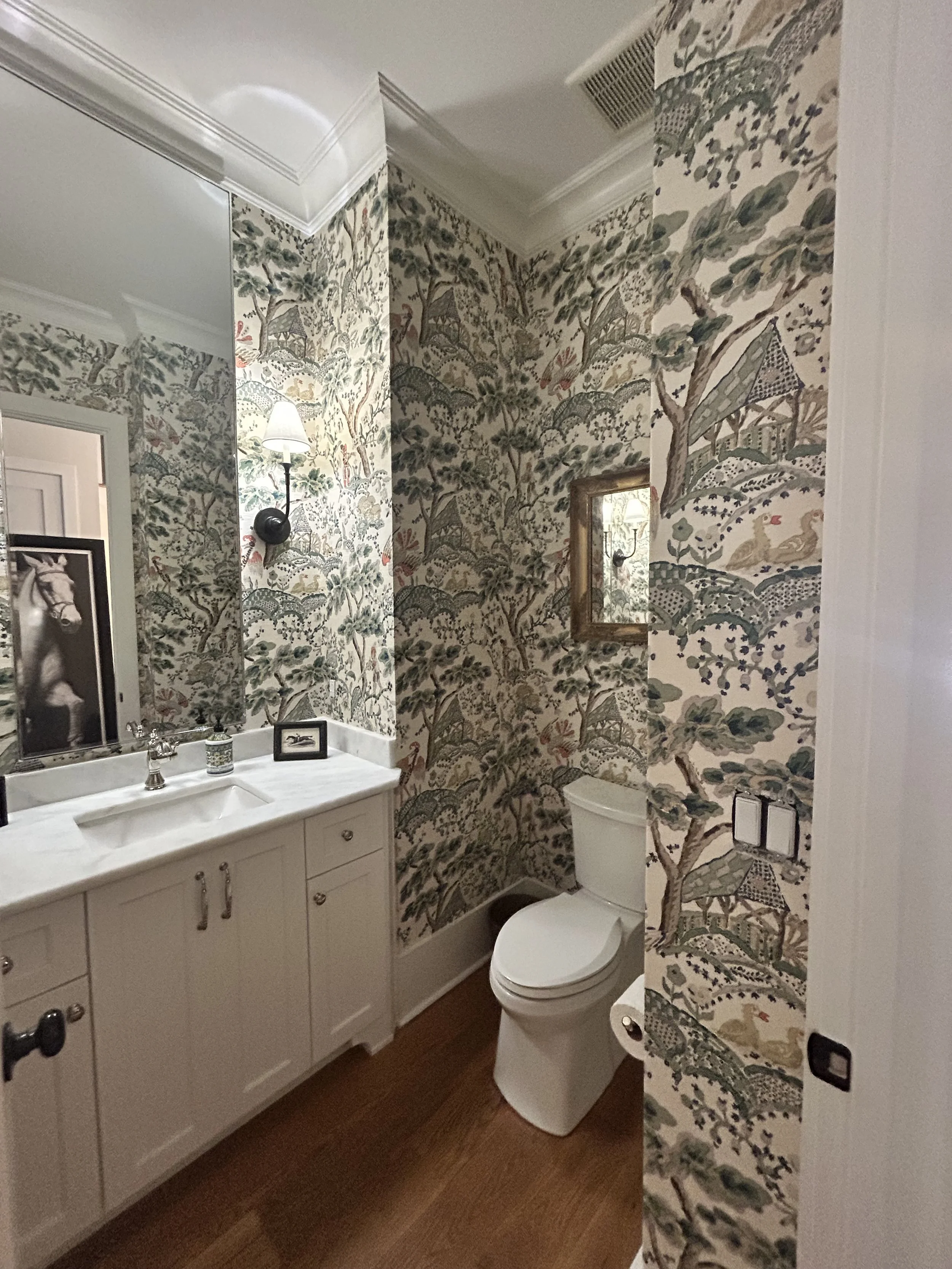 Best wallpaper installation Athens, Ga. Lake Oconee. Powder bath in Scalamandre printed grasscloth 