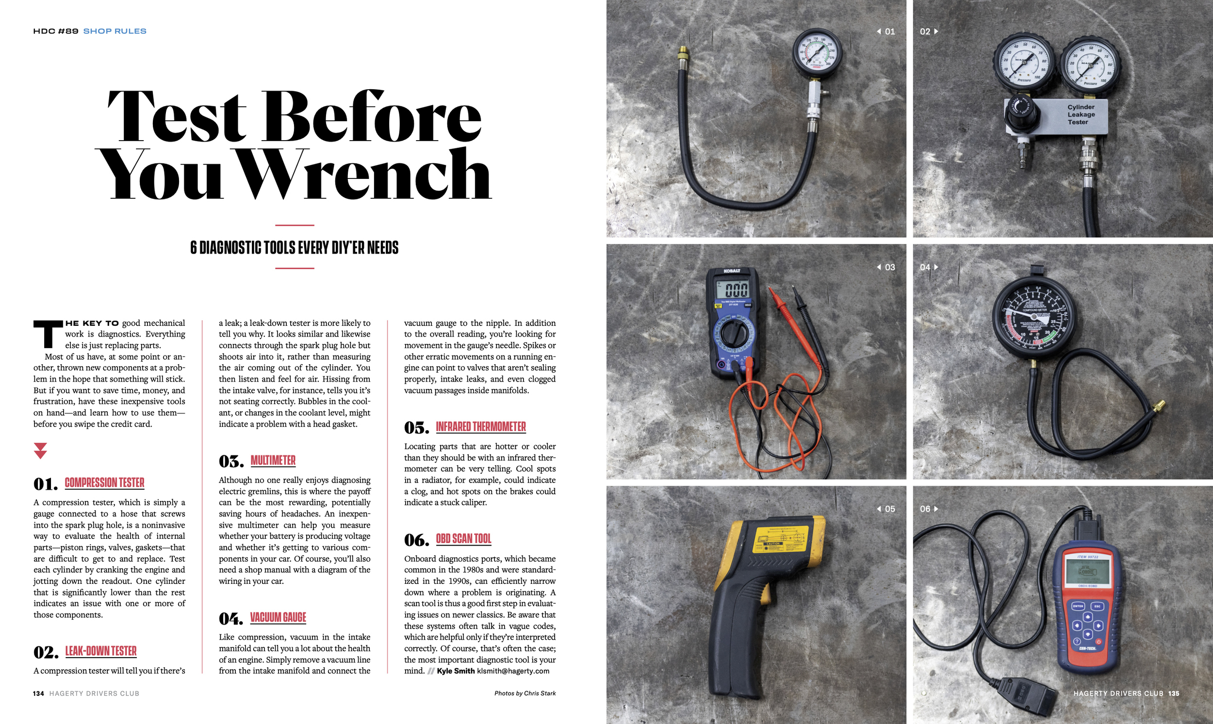 Collection of automotive diagnostic tools including a vacuum gauge, pressure gauges, multimeter, infrared thermometer, OBD scan tool, and other testing equipment displayed on a gray surface.
