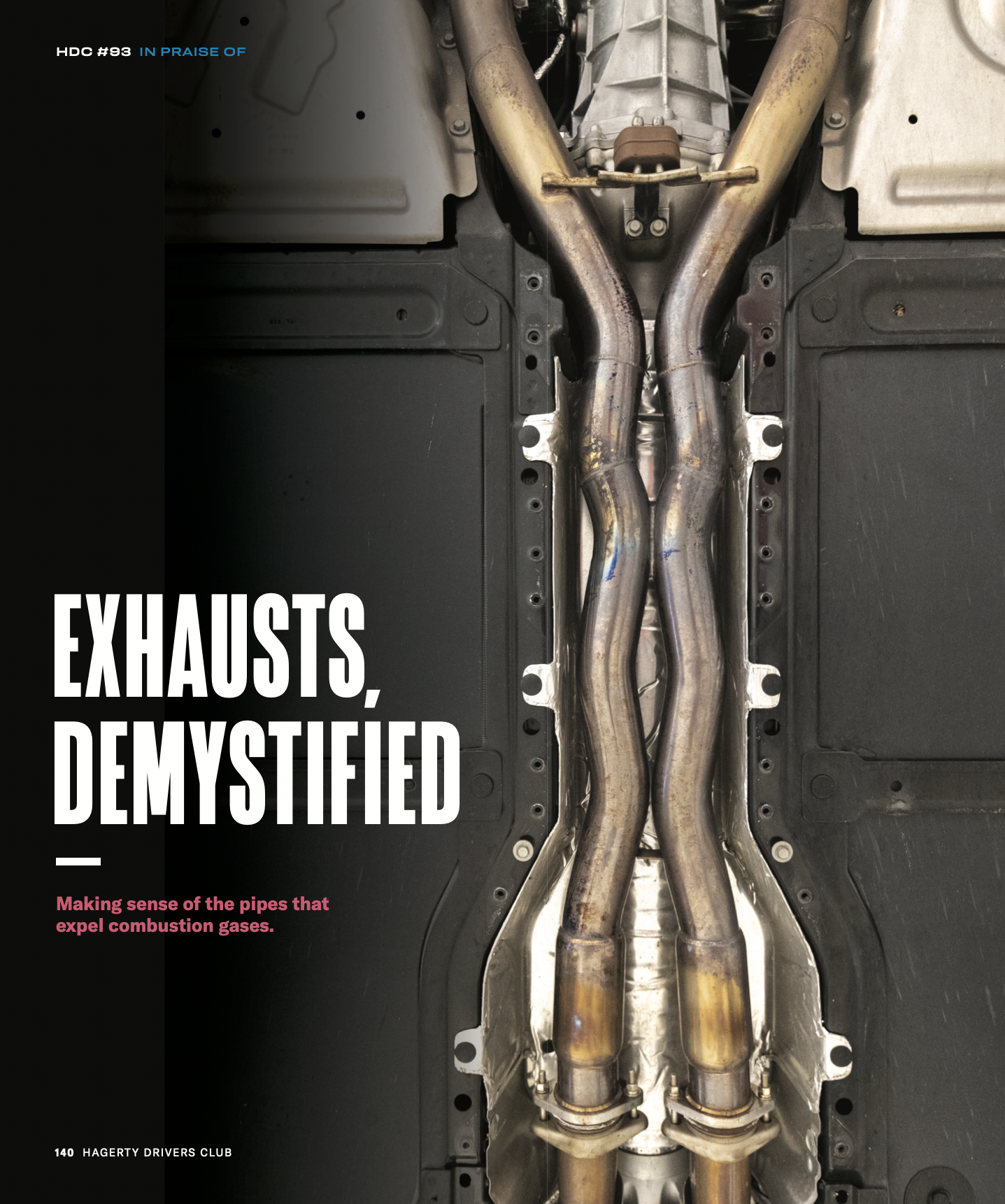Close-up of a car's exhaust pipe system, showing multiple metallic pipes connected to a catalytic converter and muffler. The image is from a magazine or book page about car exhausts.
