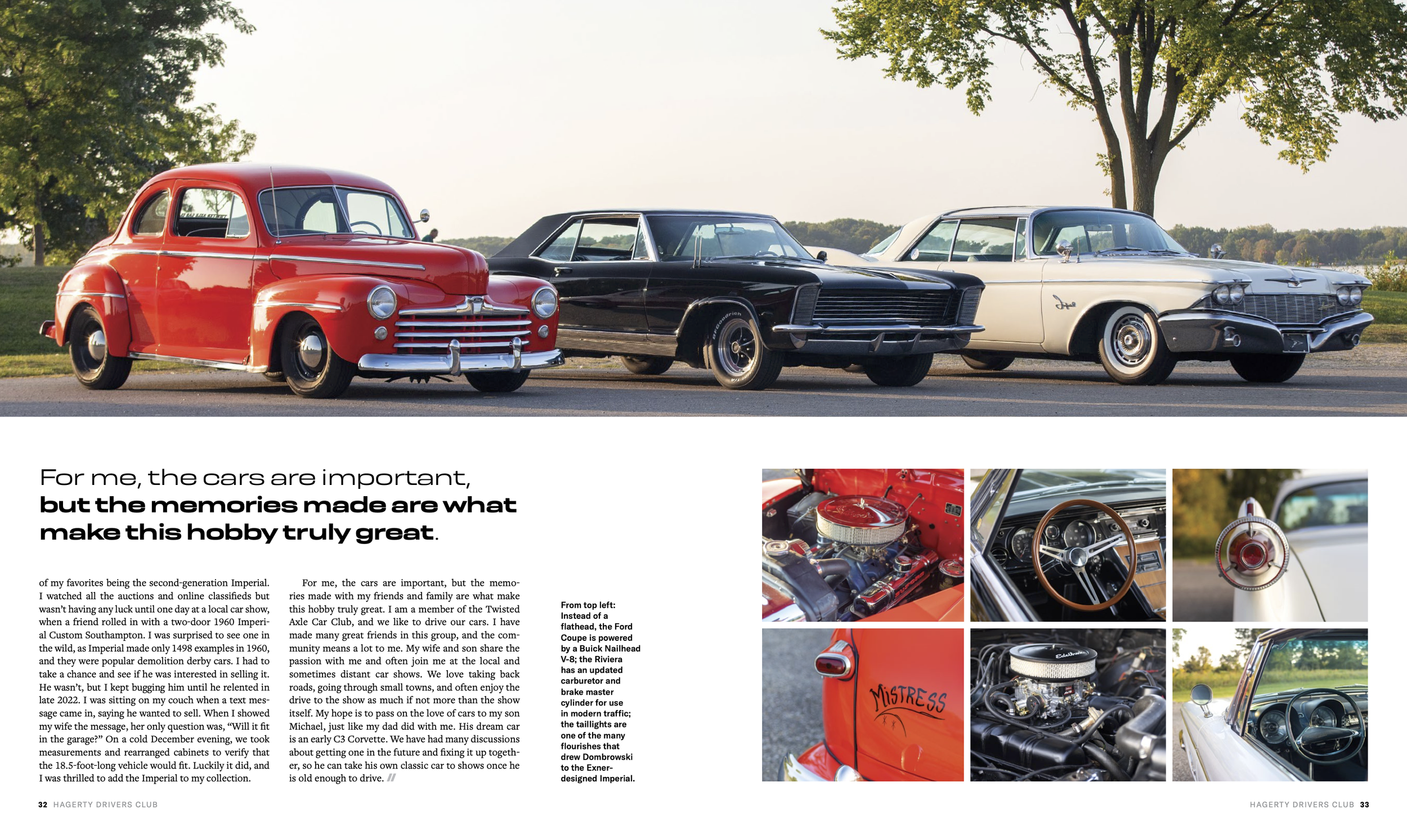 Three vintage cars parked side by side on a grassy area near trees, with a landscape in the background. The first car is a red Ford sedan from the 1940s or 1950s, the second is a black muscle car, and the third is a cream-colored classic car from the